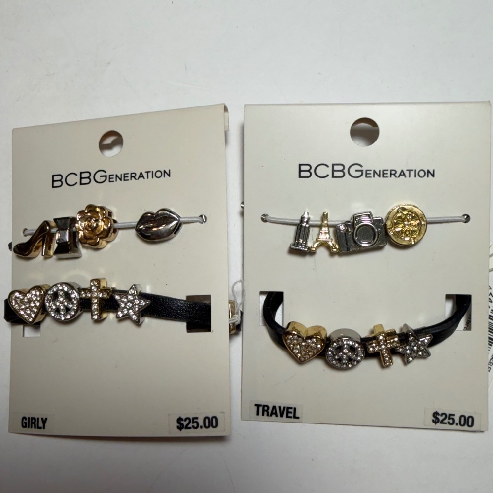 BCBGeneration MYO Mini Charm Bracelet Set Girly & Travel Black Gold Silver NWT